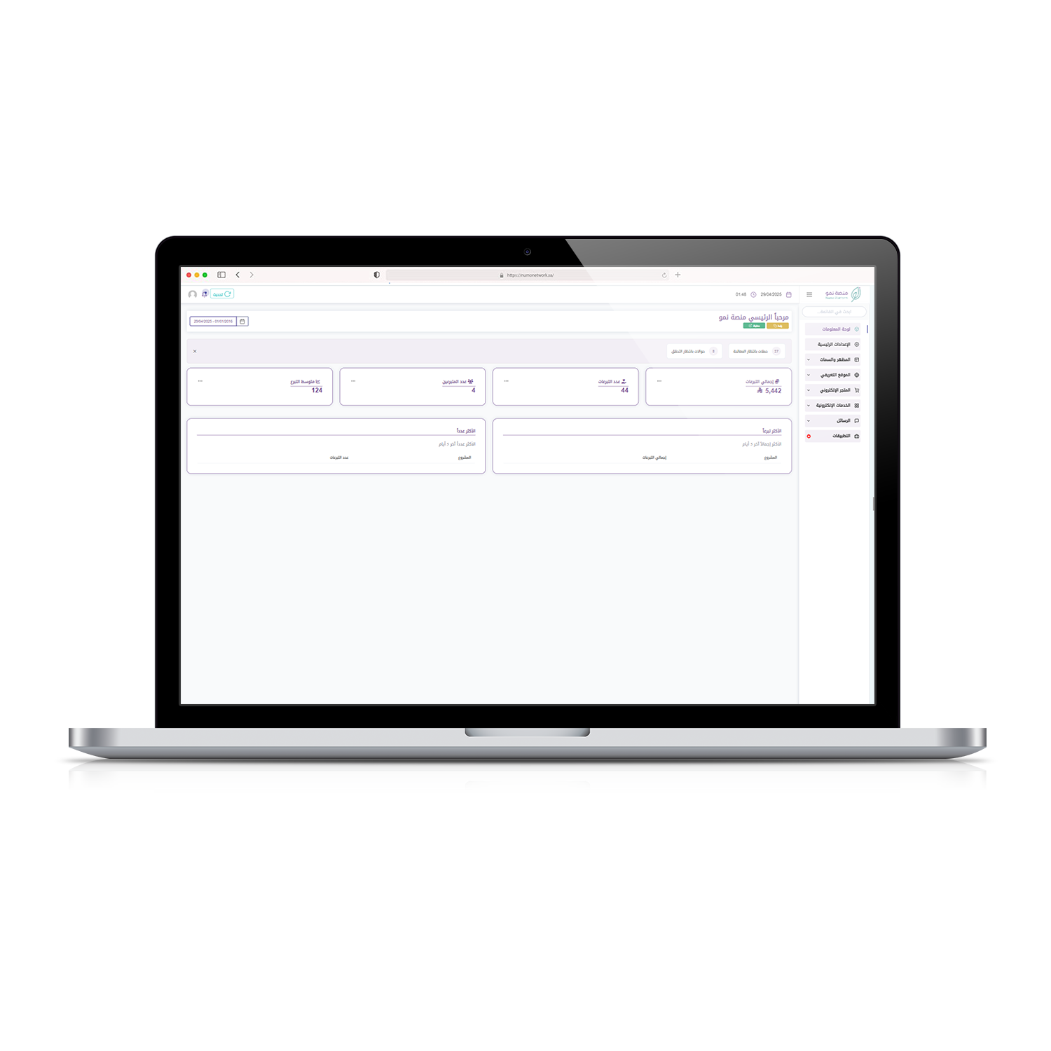 لوحة معلومات منصة نمو